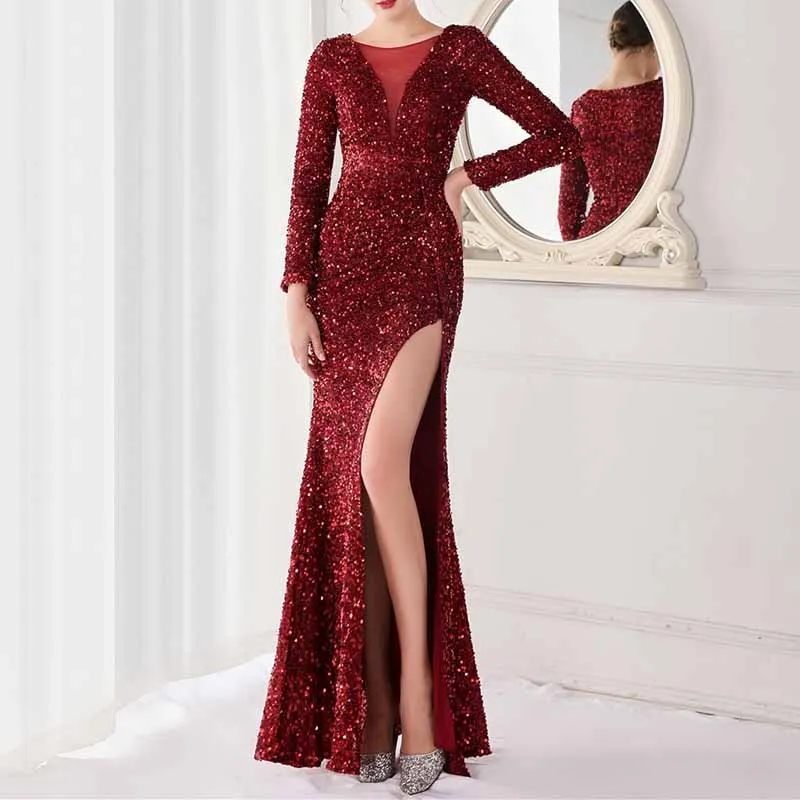 Women Wedding Party Dress Long Sleeve Sequin Dress Split Formal Evening Gowns