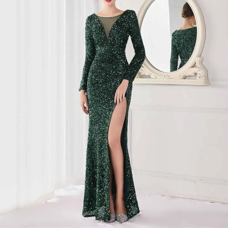 Women Wedding Party Dress Long Sleeve Sequin Dress Split Formal Evening Gowns