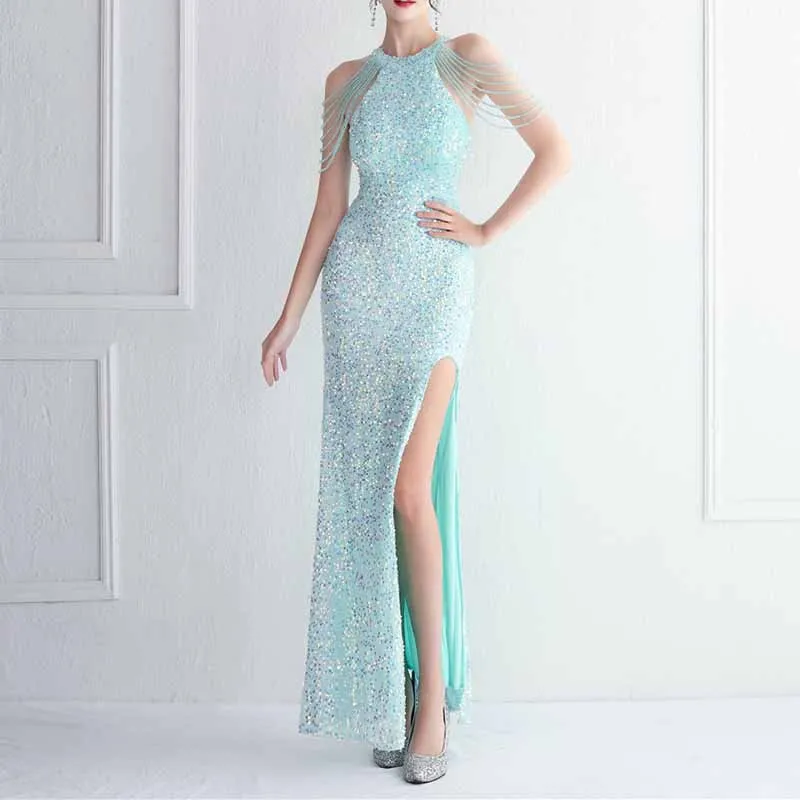 Women Wedding Sequin Dress Sleeveless Maxi Long Dress Formal Evening Prom Gowns S-4XL