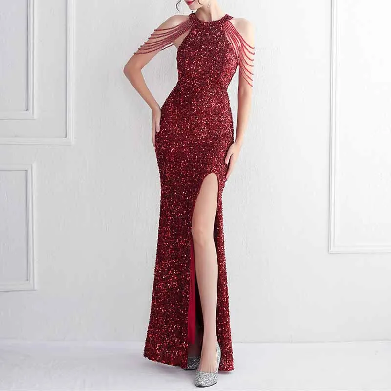 Women Wedding Sequin Dress Sleeveless Maxi Long Dress Formal Evening Prom Gowns S-4XL