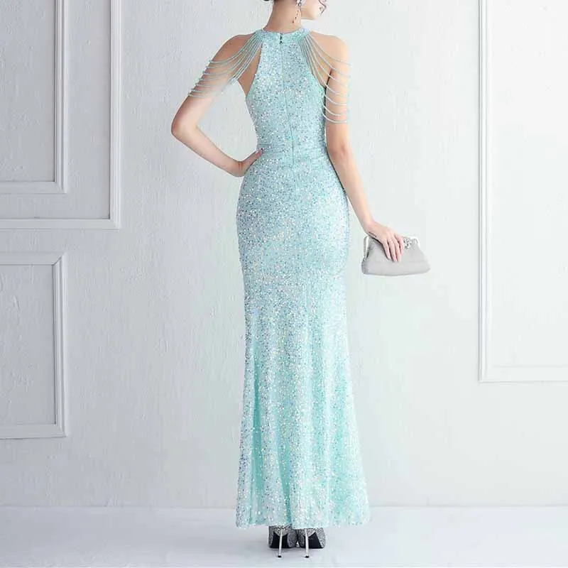 Women Wedding Sequin Dress Sleeveless Maxi Long Dress Formal Evening Prom Gowns S-4XL