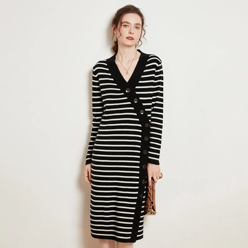 Women's Cashmere Dresses Long Sleeve V Neck Wrap Stripe Cashmere Sweather Dresses