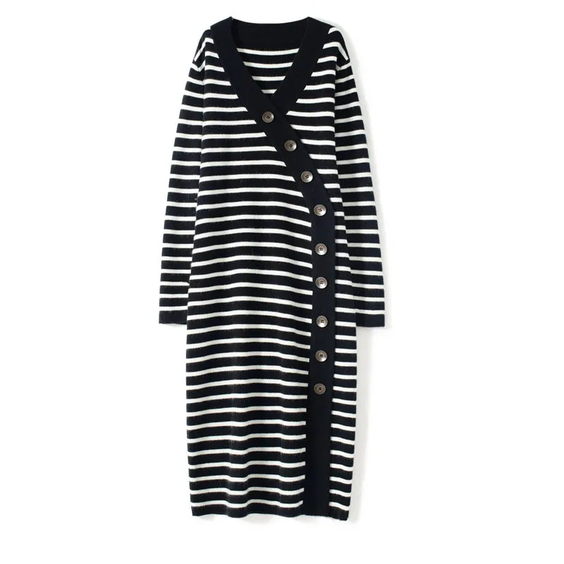Women's Cashmere Dresses Long Sleeve V Neck Wrap Stripe Cashmere Sweather Dresses