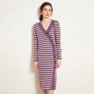 Women's Cashmere Dresses Long Sleeve V Neck Wrap Stripe Cashmere Sweather Dresses
