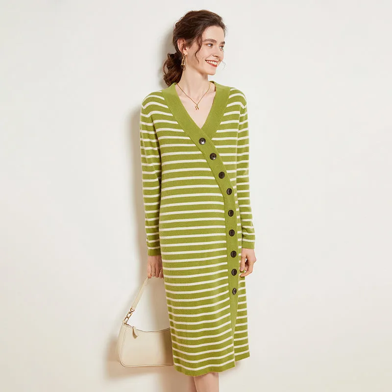 Women's Cashmere Dresses Long Sleeve V Neck Wrap Stripe Cashmere Sweather Dresses