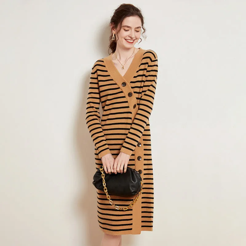 Women's Cashmere Dresses Long Sleeve V Neck Wrap Stripe Cashmere Sweather Dresses