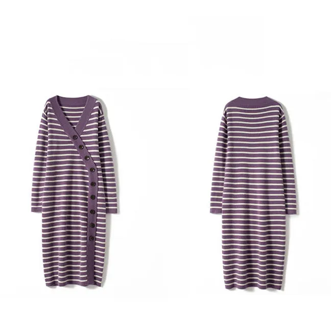 Women's Cashmere Dresses Long Sleeve V Neck Wrap Stripe Cashmere Sweather Dresses
