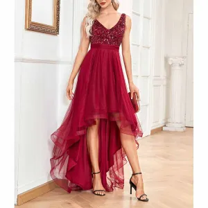 Womens Double V Neck High Low Sequin Tulle Plus Size Formal Evening Dresses
