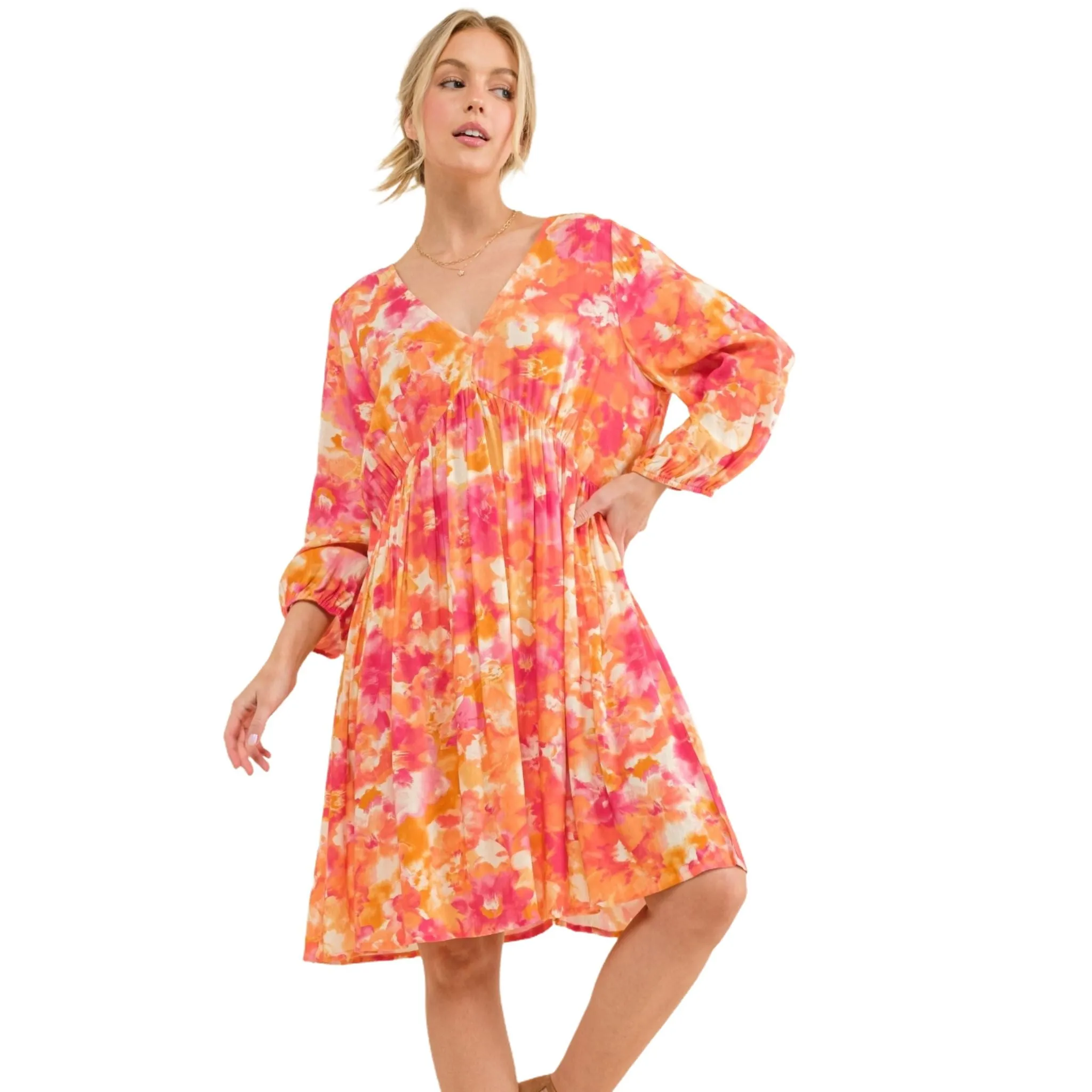 Women's Floral V-Neck Puff Sleeve Midi Dress