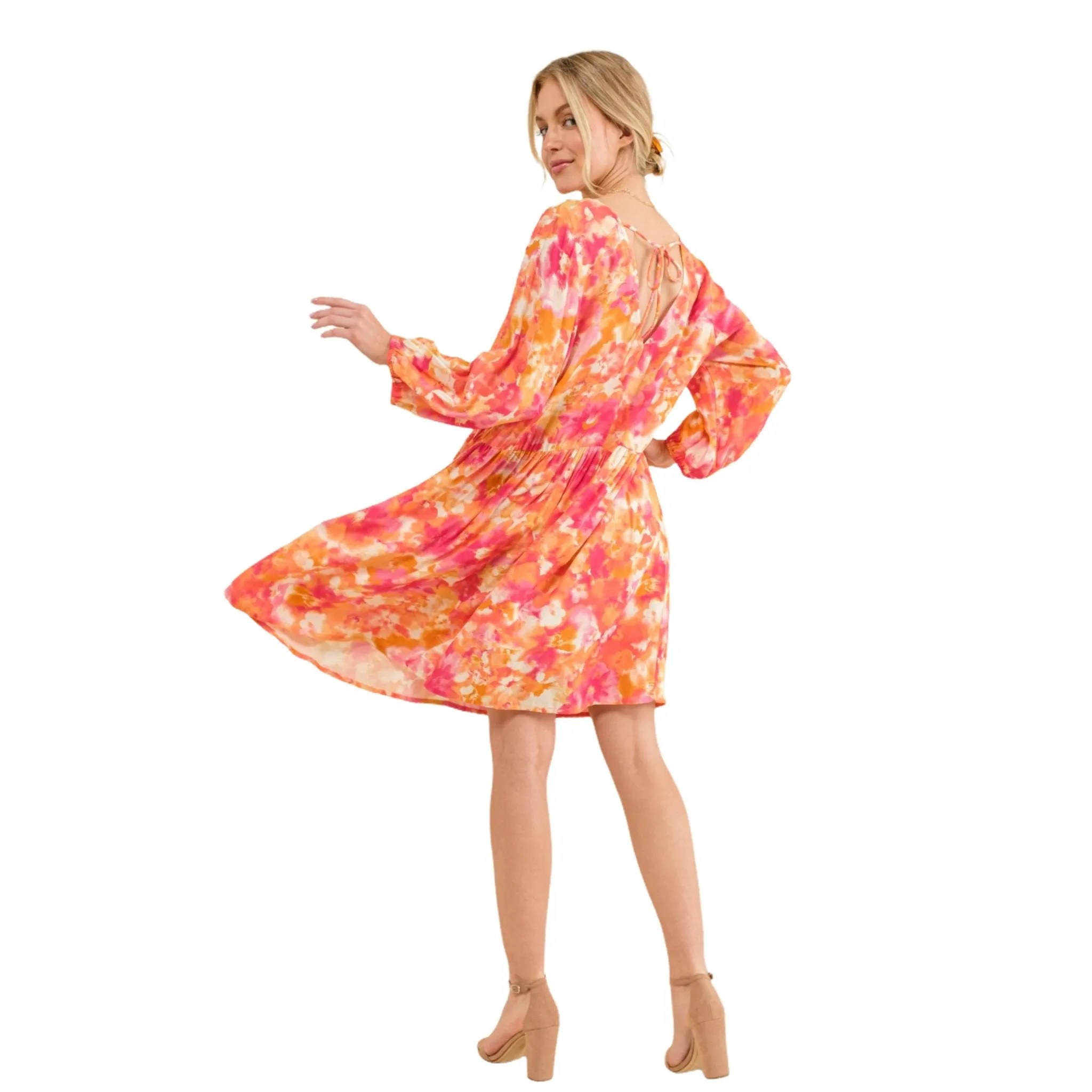 Women's Floral V-Neck Puff Sleeve Midi Dress
