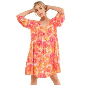 Women's Floral V-Neck Puff Sleeve Midi Dress