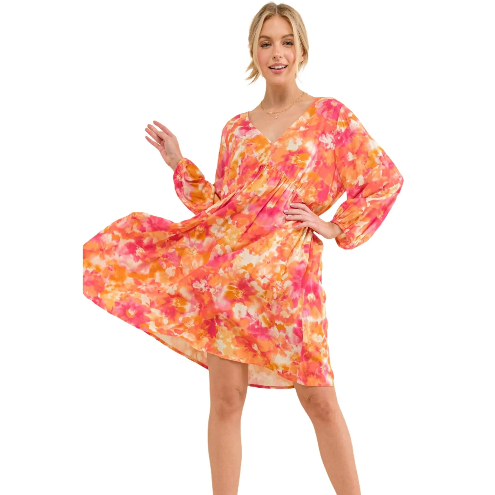 Women's Floral V-Neck Puff Sleeve Midi Dress