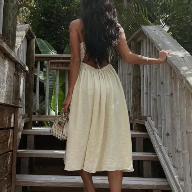 Women's Halter Maxi Dress - Cutout Waist - Ruched Bodice - Flowy Skirt with Slit