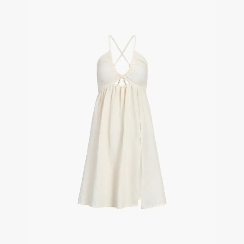 Women's Halter Maxi Dress - Cutout Waist - Ruched Bodice - Flowy Skirt with Slit