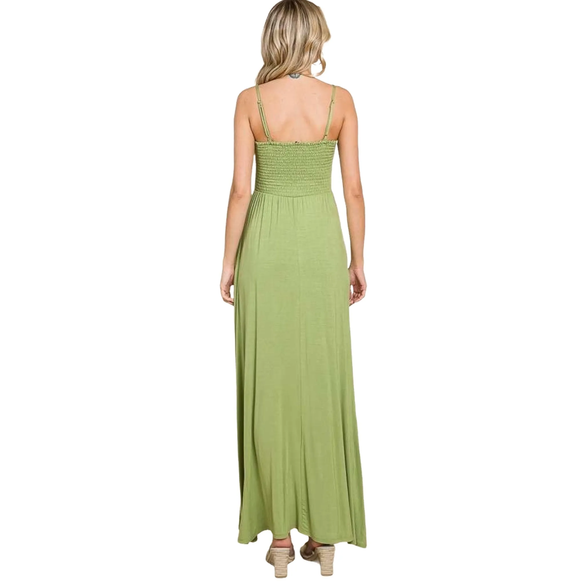 Women's Light Green Smocked Cami Maxi Dress with Pockets