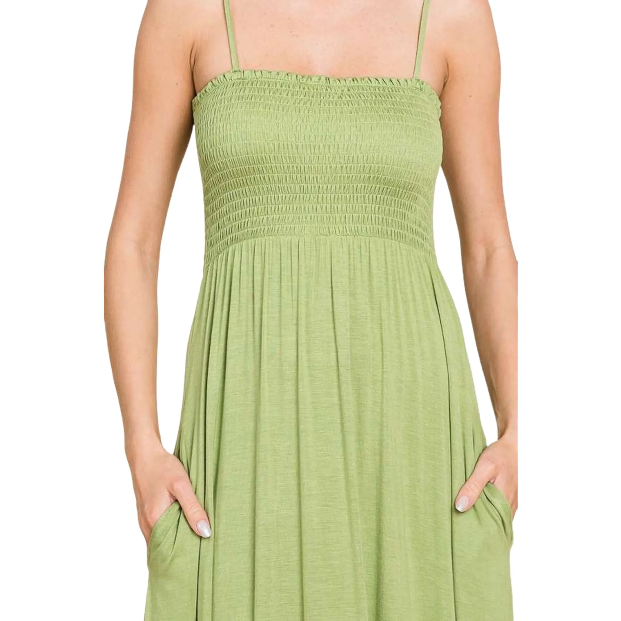 Women's Light Green Smocked Cami Maxi Dress with Pockets