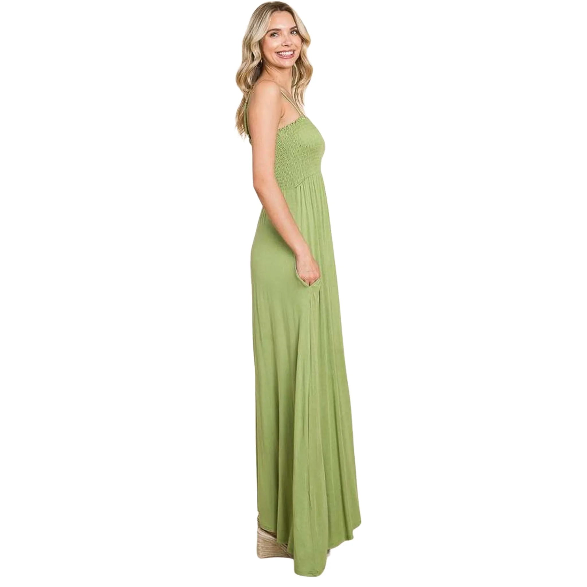 Women's Light Green Smocked Cami Maxi Dress with Pockets