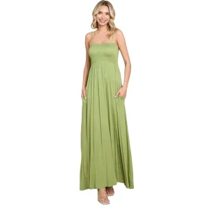 Women's Light Green Smocked Cami Maxi Dress with Pockets