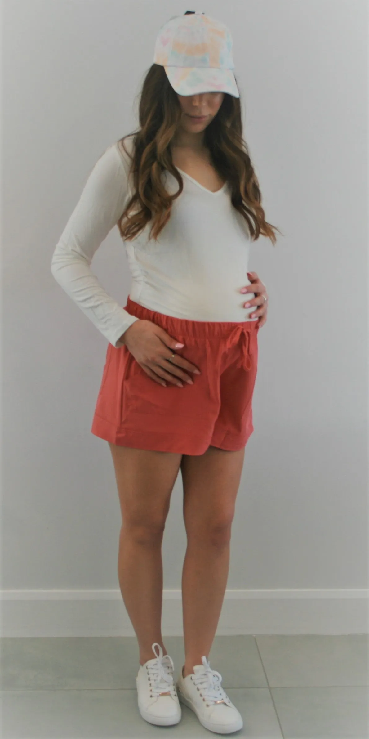 Women's light weight Coral Maternity adjustable Drawstring maternity flowy shorts