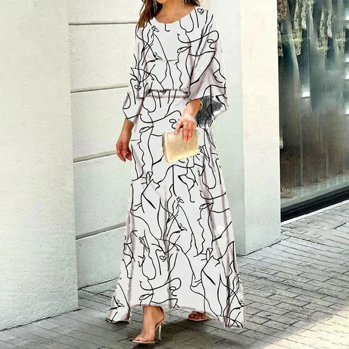 Women's Maxi Dress - Abstract Print - Relaxed Fit - Three-Quarter Sleeve - Flowy Elegant Style