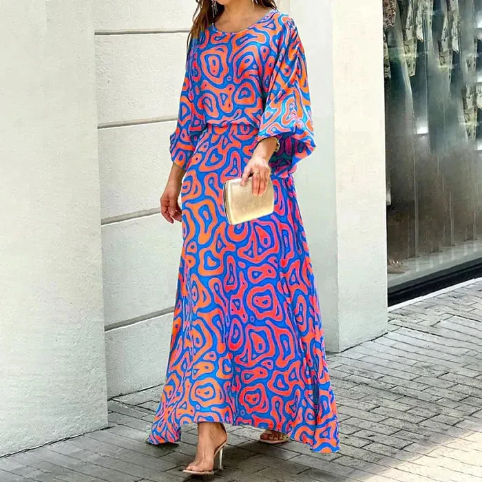 Women's Maxi Dress - Abstract Print - Relaxed Fit - Three-Quarter Sleeve - Flowy Elegant Style
