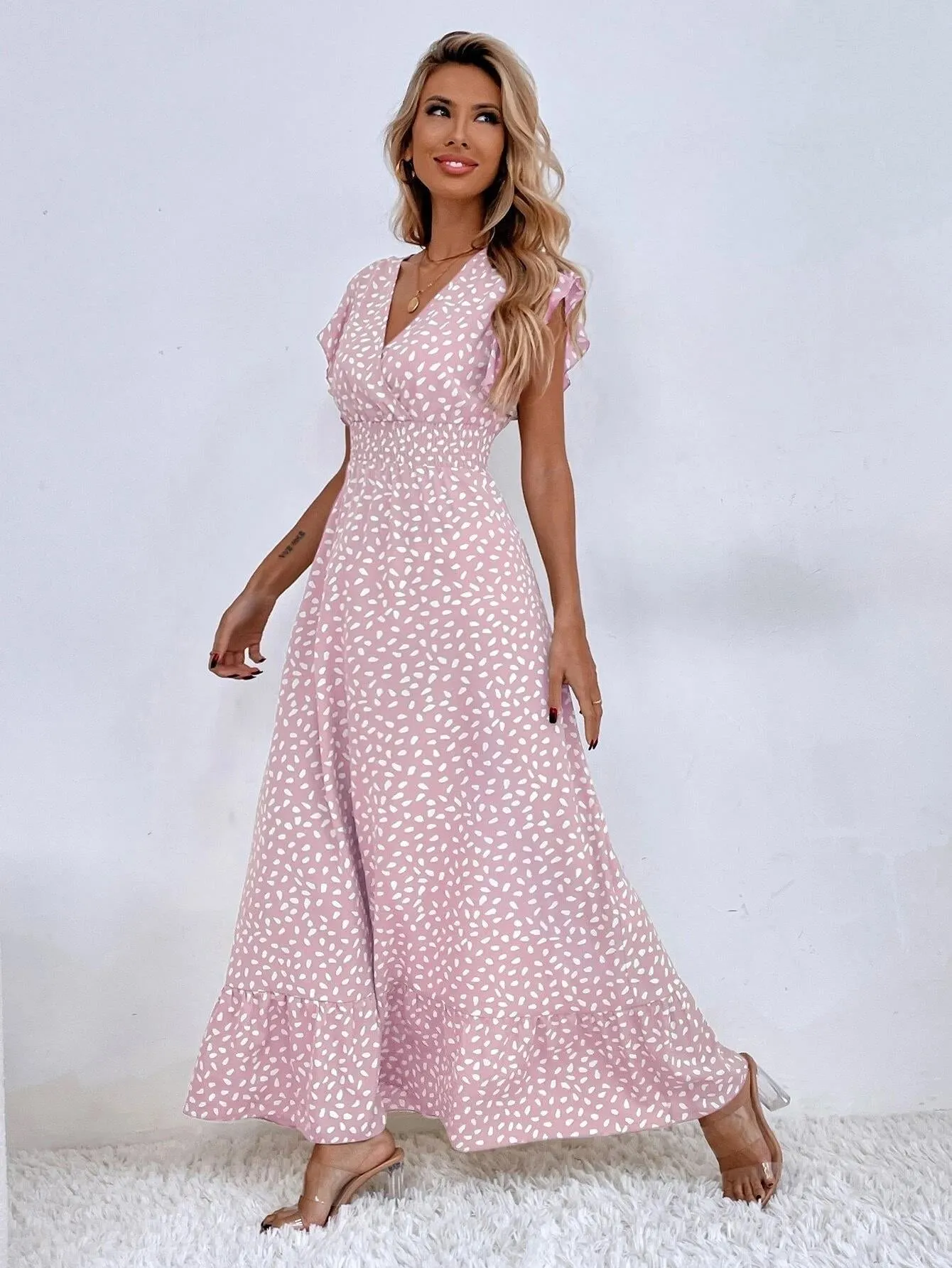Women's Maxi Dress - V-Neck - Short Flutter Sleeves - Smocked Waist - Flowy Elegant Fit