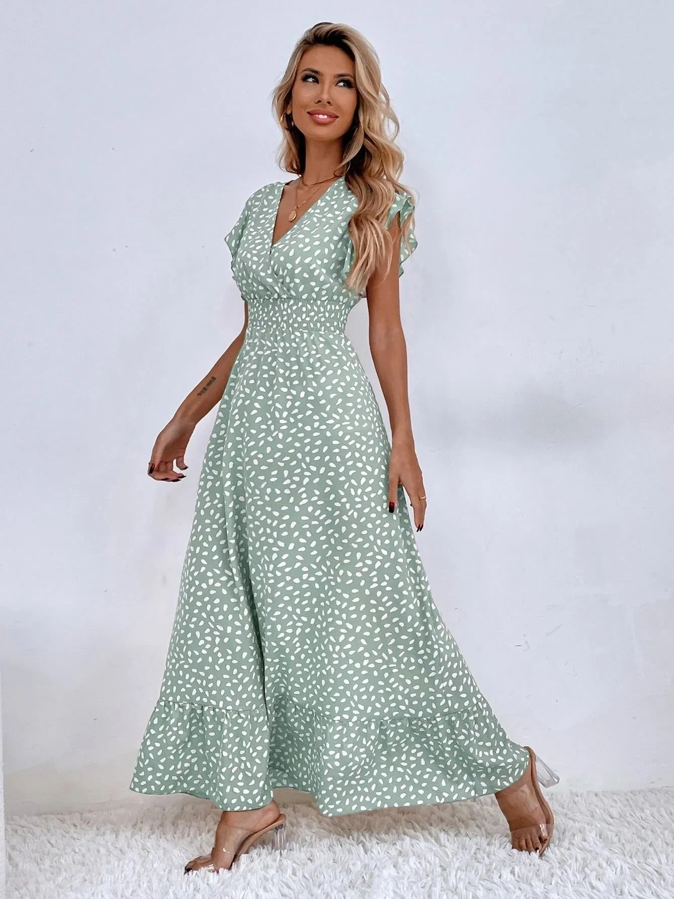 Women's Maxi Dress - V-Neck - Short Flutter Sleeves - Smocked Waist - Flowy Elegant Fit