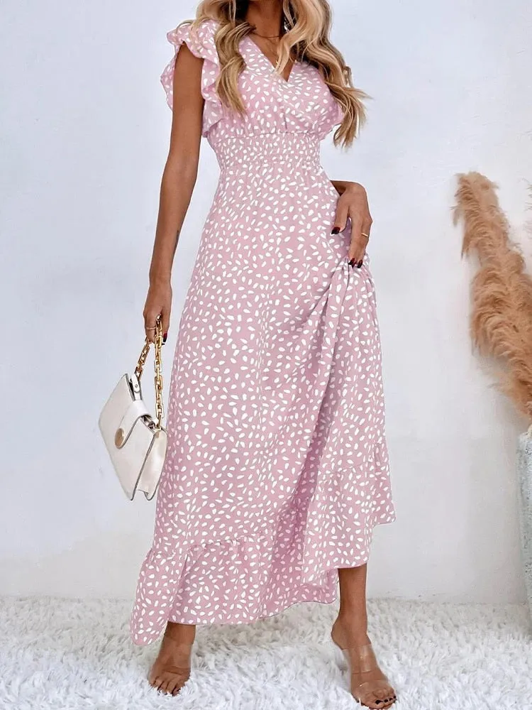 Women's Maxi Dress - V-Neck - Short Flutter Sleeves - Smocked Waist - Flowy Elegant Fit