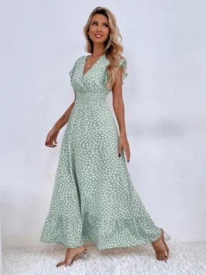 Women's Maxi Dress - V-Neck - Short Flutter Sleeves - Smocked Waist - Flowy Elegant Fit