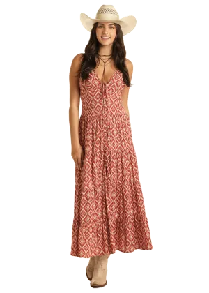 Women's Rock & Roll Denim Aztec Print Dress in Red