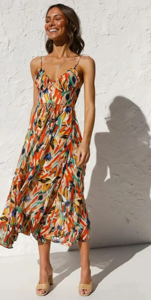 Women's Sundress - Sleeveless V-Neck - Spaghetti Straps - Flowy Midi A-Line Dress