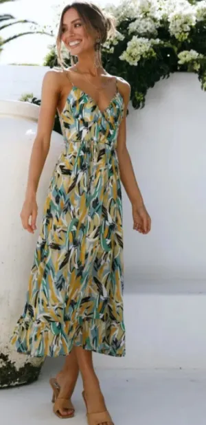 Women's Sundress - Sleeveless V-Neck - Spaghetti Straps - Flowy Midi A-Line Dress