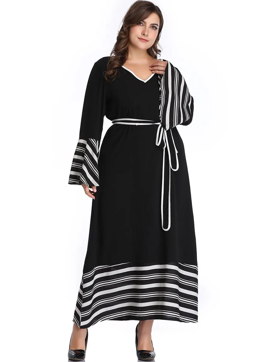 XL Autumn and Winter Sexy V-neck Contrast Color Striped Stitching Long-sleeved Dress