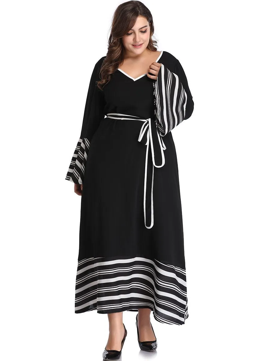 XL Autumn and Winter Sexy V-neck Contrast Color Striped Stitching Long-sleeved Dress