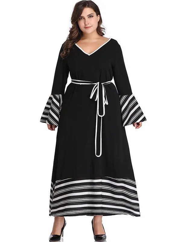 XL Autumn and Winter Sexy V-neck Contrast Color Striped Stitching Long-sleeved Dress