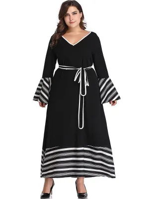 XL Autumn and Winter Sexy V-neck Contrast Color Striped Stitching Long-sleeved Dress