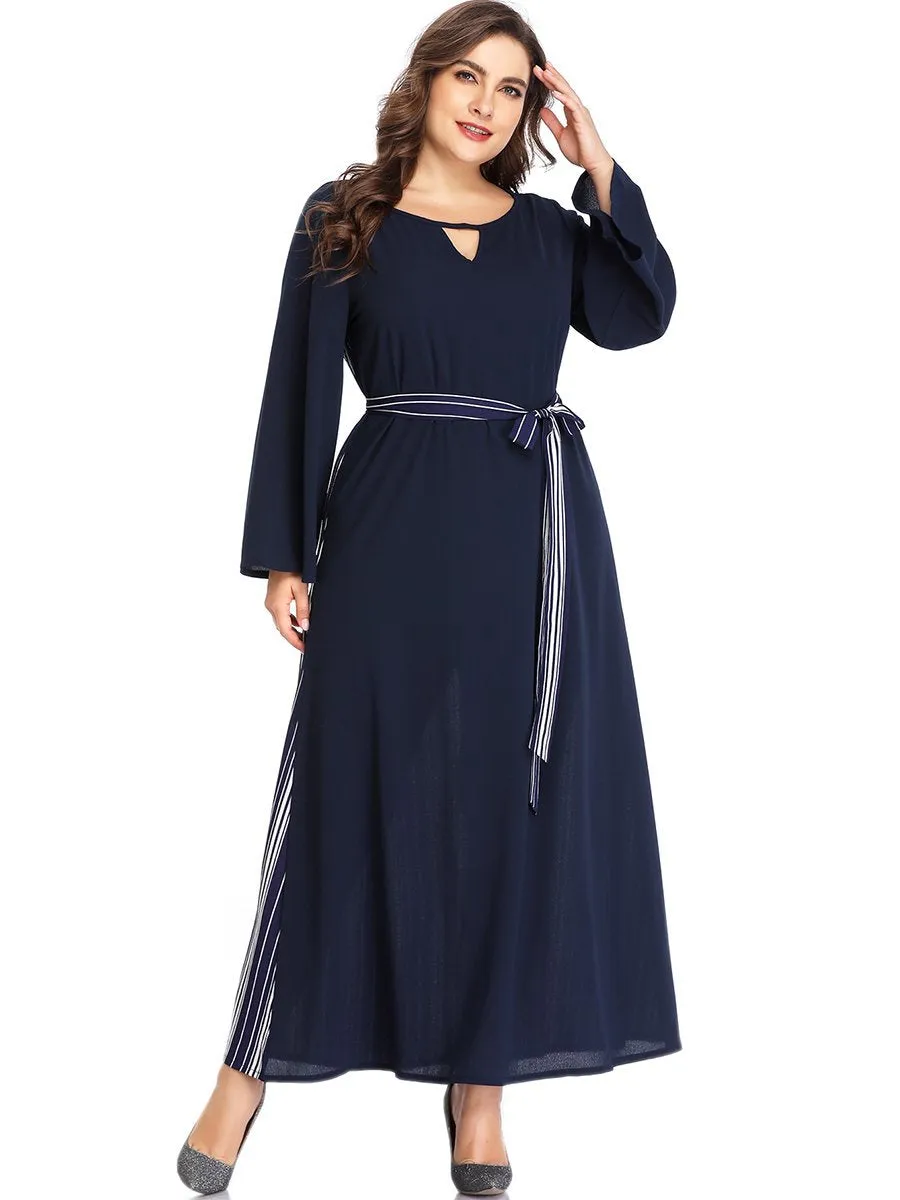 XL Sexy V-neck Striped Stitching Long-sleeved Dress