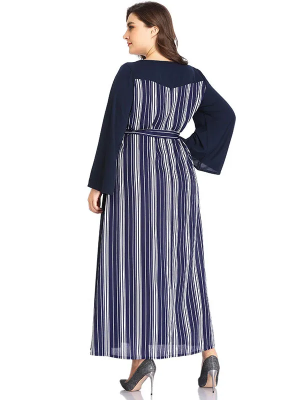 XL Sexy V-neck Striped Stitching Long-sleeved Dress