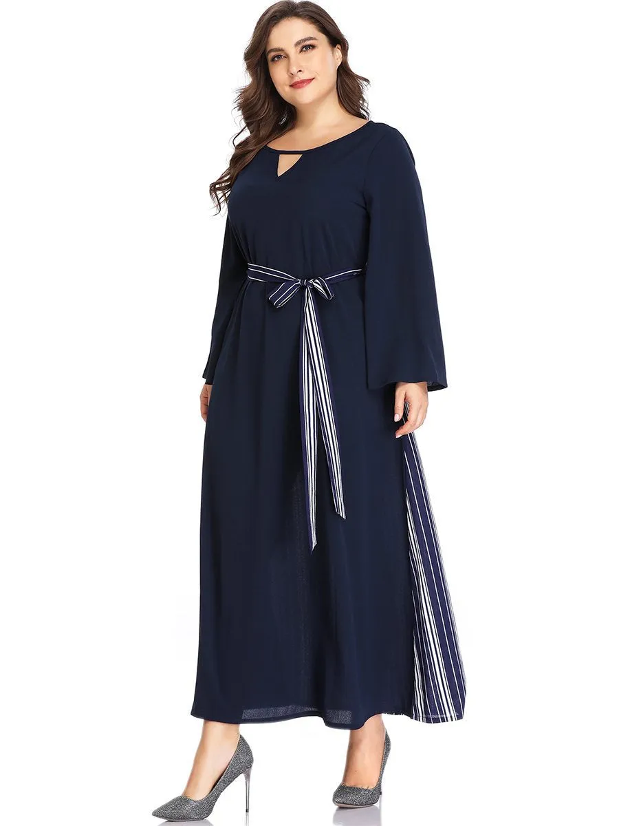 XL Sexy V-neck Striped Stitching Long-sleeved Dress