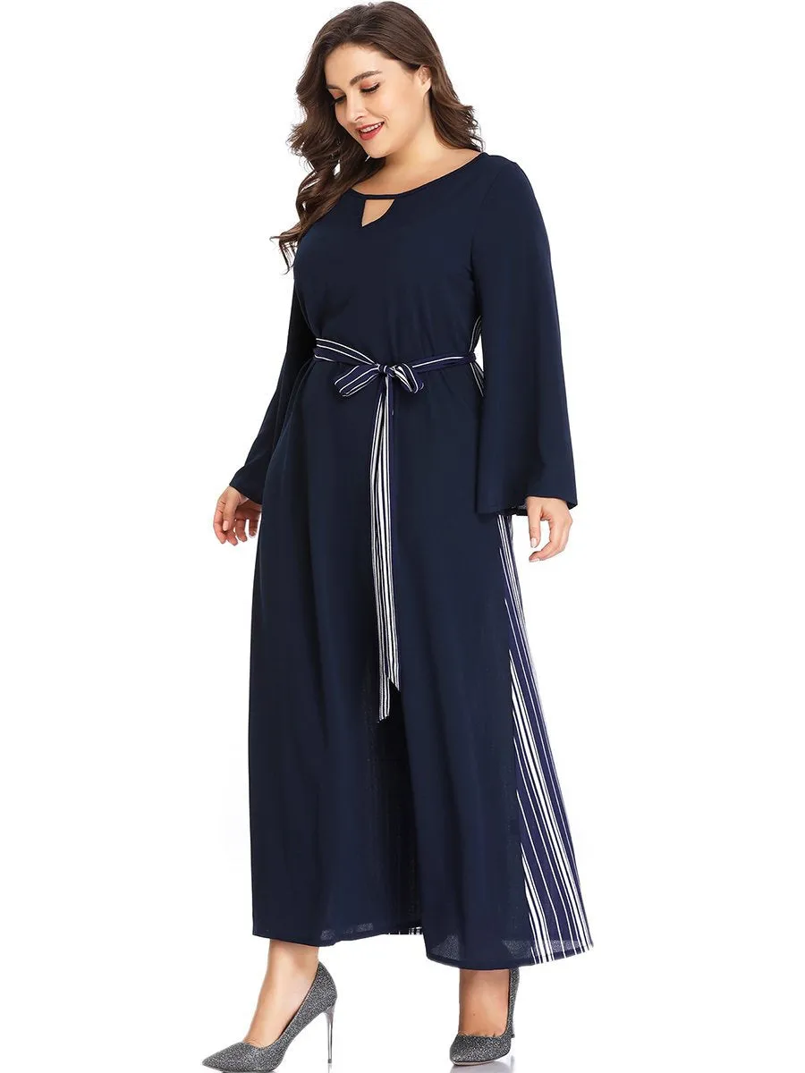 XL Sexy V-neck Striped Stitching Long-sleeved Dress