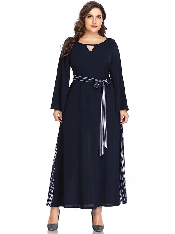XL Sexy V-neck Striped Stitching Long-sleeved Dress