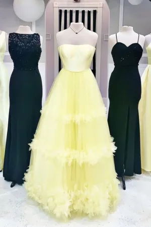 Yellow sweetheart tulle long prom dress yellow formal dress