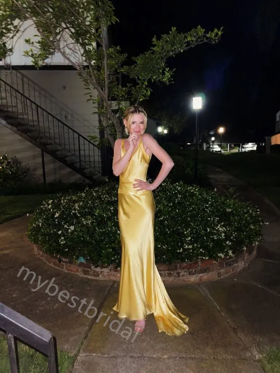 Yellow V-neck Sleeveless Sheath Floor Length Prom Dress,PDS11613