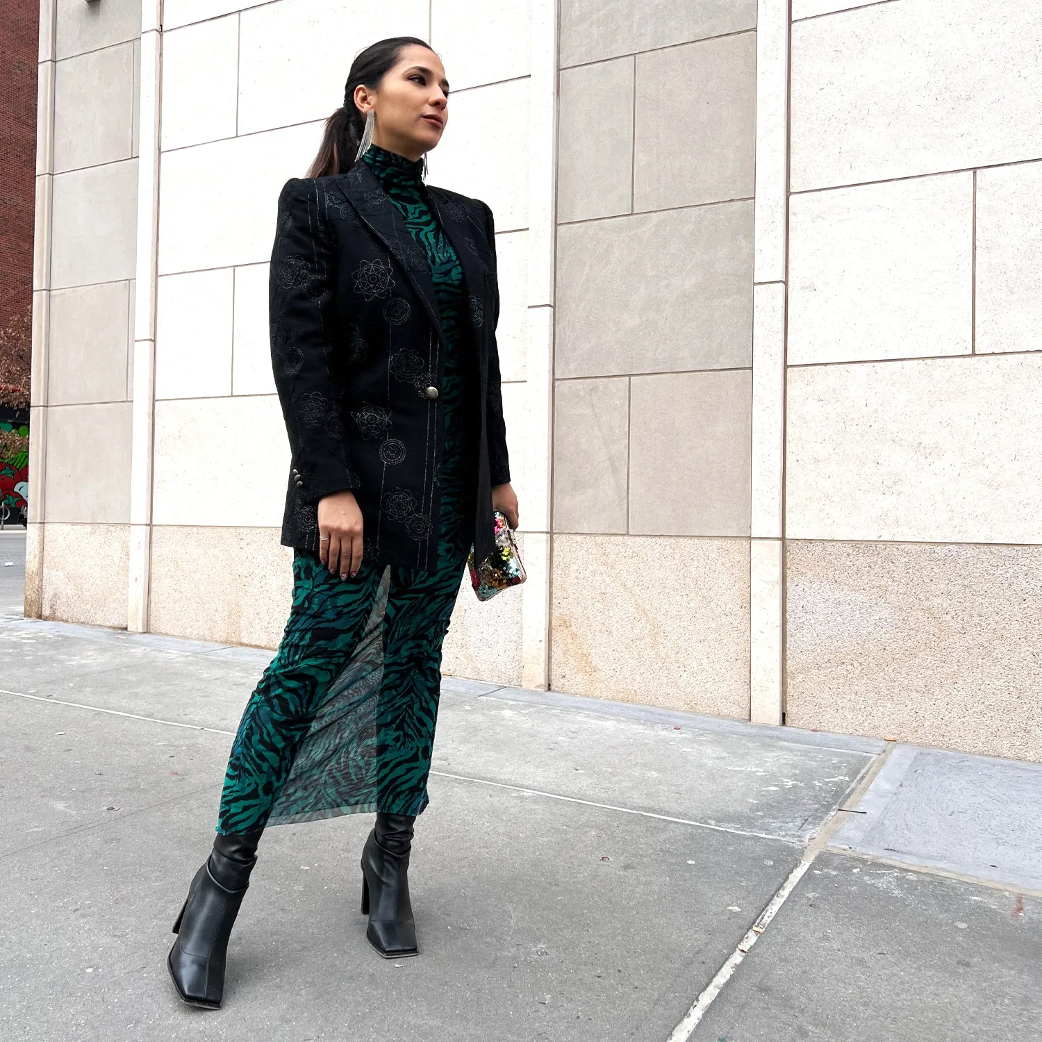 Zebra-Print Mesh Dress in Green